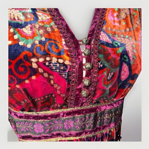 Boho Velvet Babydoll Medium Top Burgundy Gold Trumpet 3/4 Sleeve V-Neck Festival - Picture 3 of 7